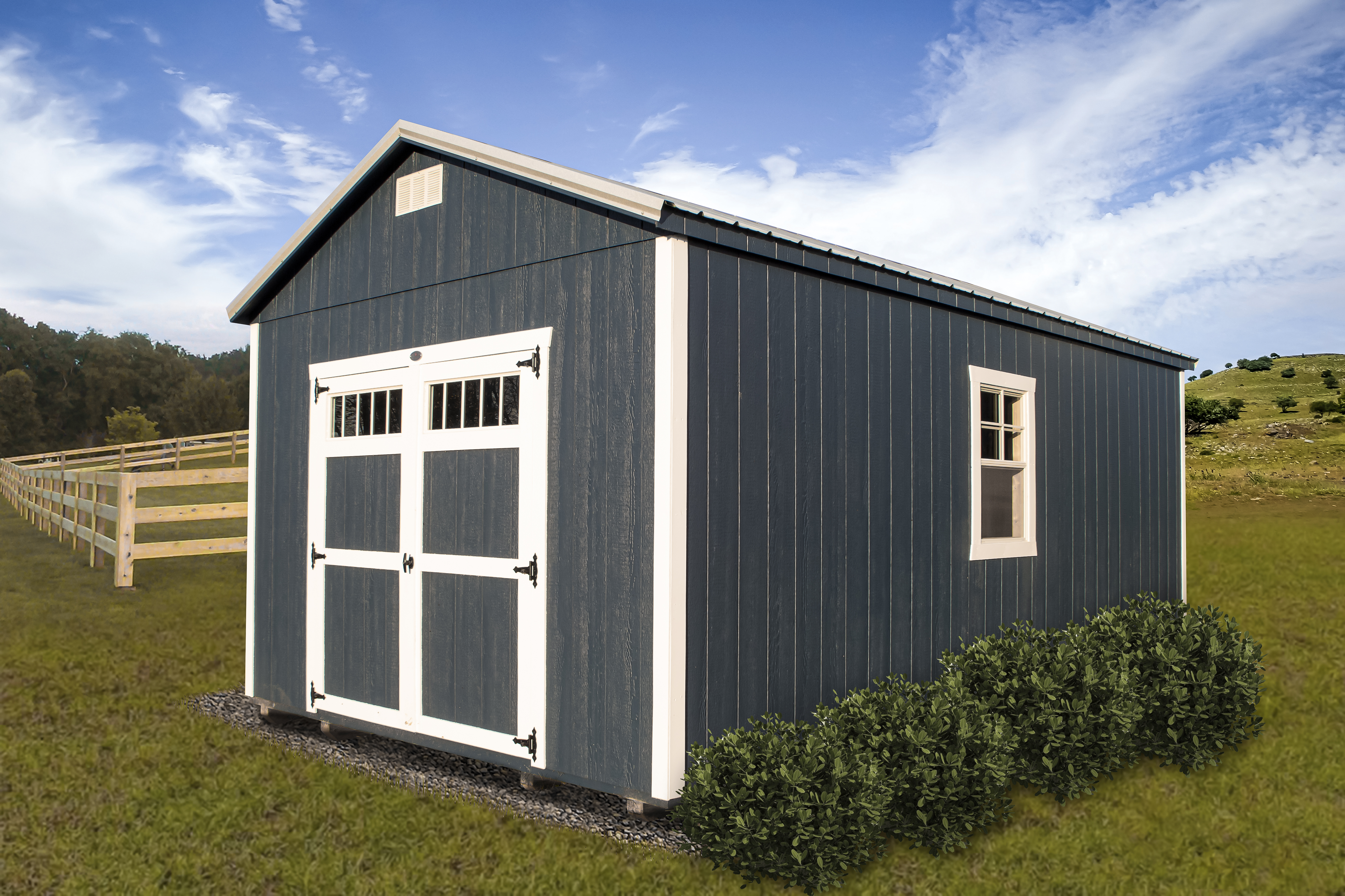 Blue Big Sky Shed with White Trim