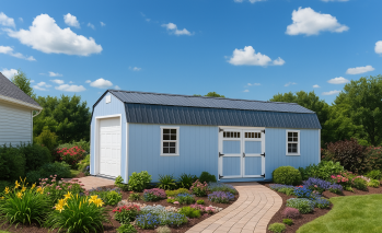 Light blue garage with sectional garage door, two windows, and gambrel roof